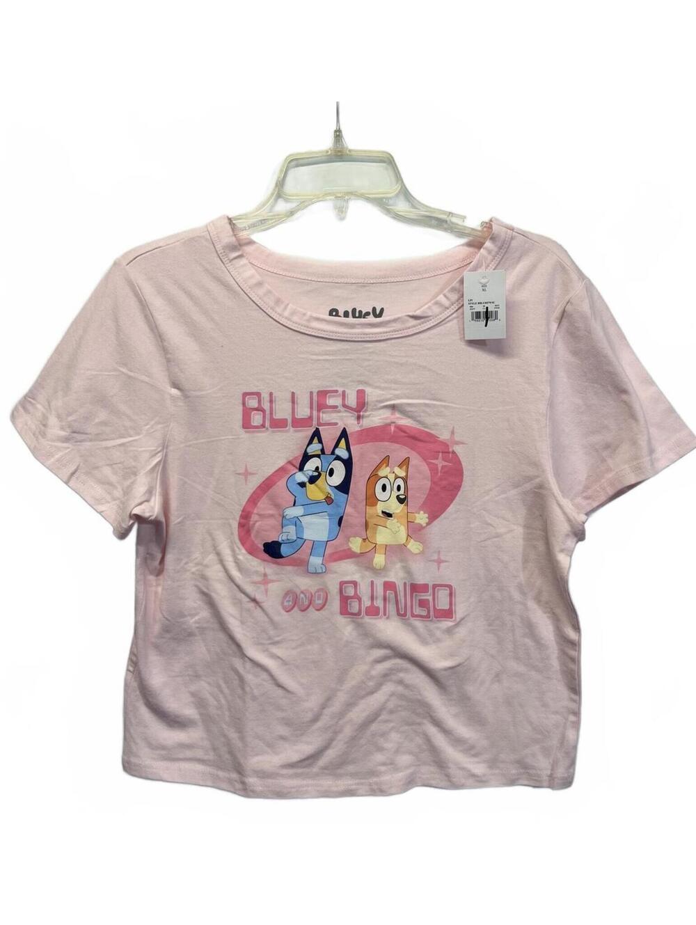 Girls Bluey Bingo Graphic T-Shirt Light Pink Cropped Fitted Short Sleeve NEW - Picture 1 of 9